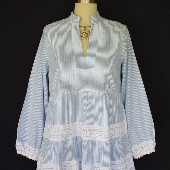 Sail to sable charlotte dress blue stripe Seersucker crochet lace tiered tunic - Picture 7 of 10